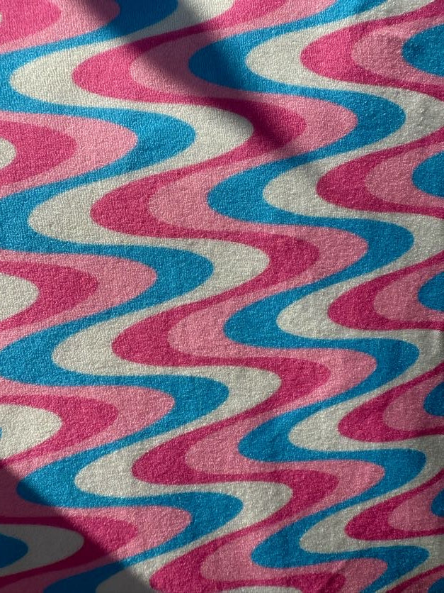 Blue Pink White Wave Stripe Polyester Terry Cloth Knit "Cotton Candy Ripple"