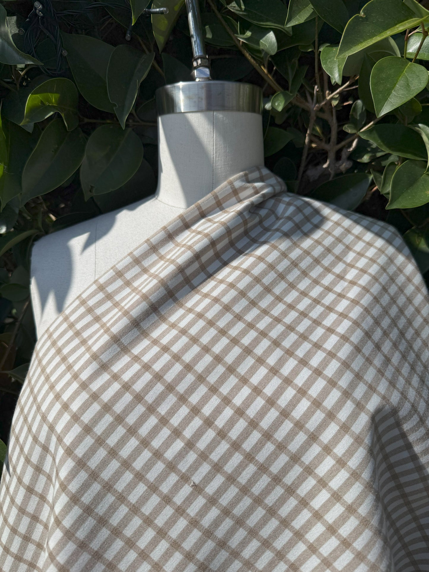 Cream Tan Crossstripe Plaid Rayon Polyester Gabardine Woven "Toasty"