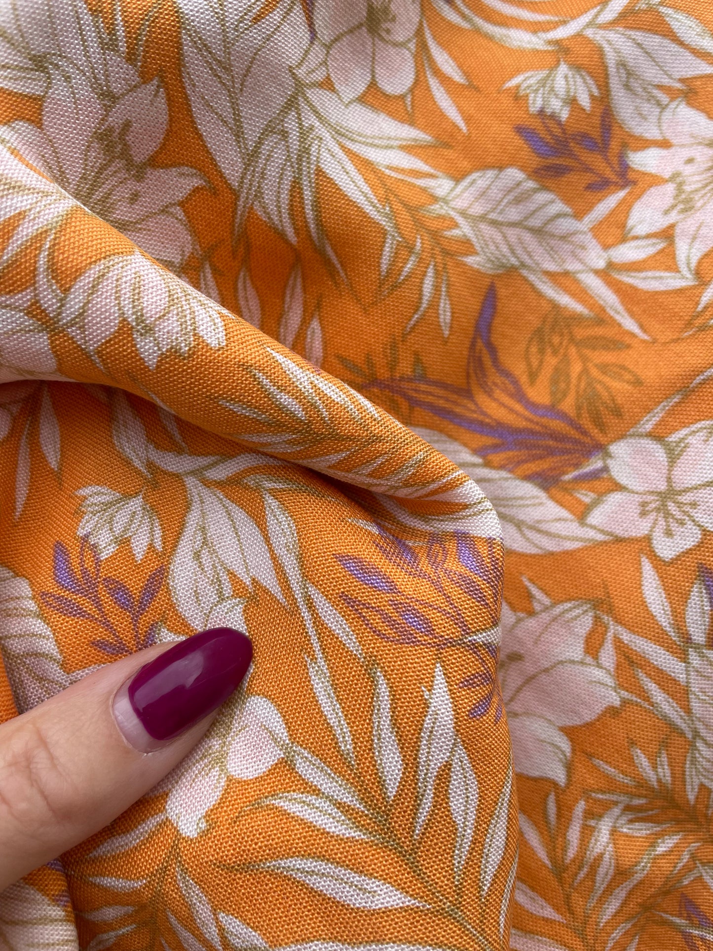 Tangerine Orange White Floral Resort Soft Rayon Crepe " Sunset Beach"