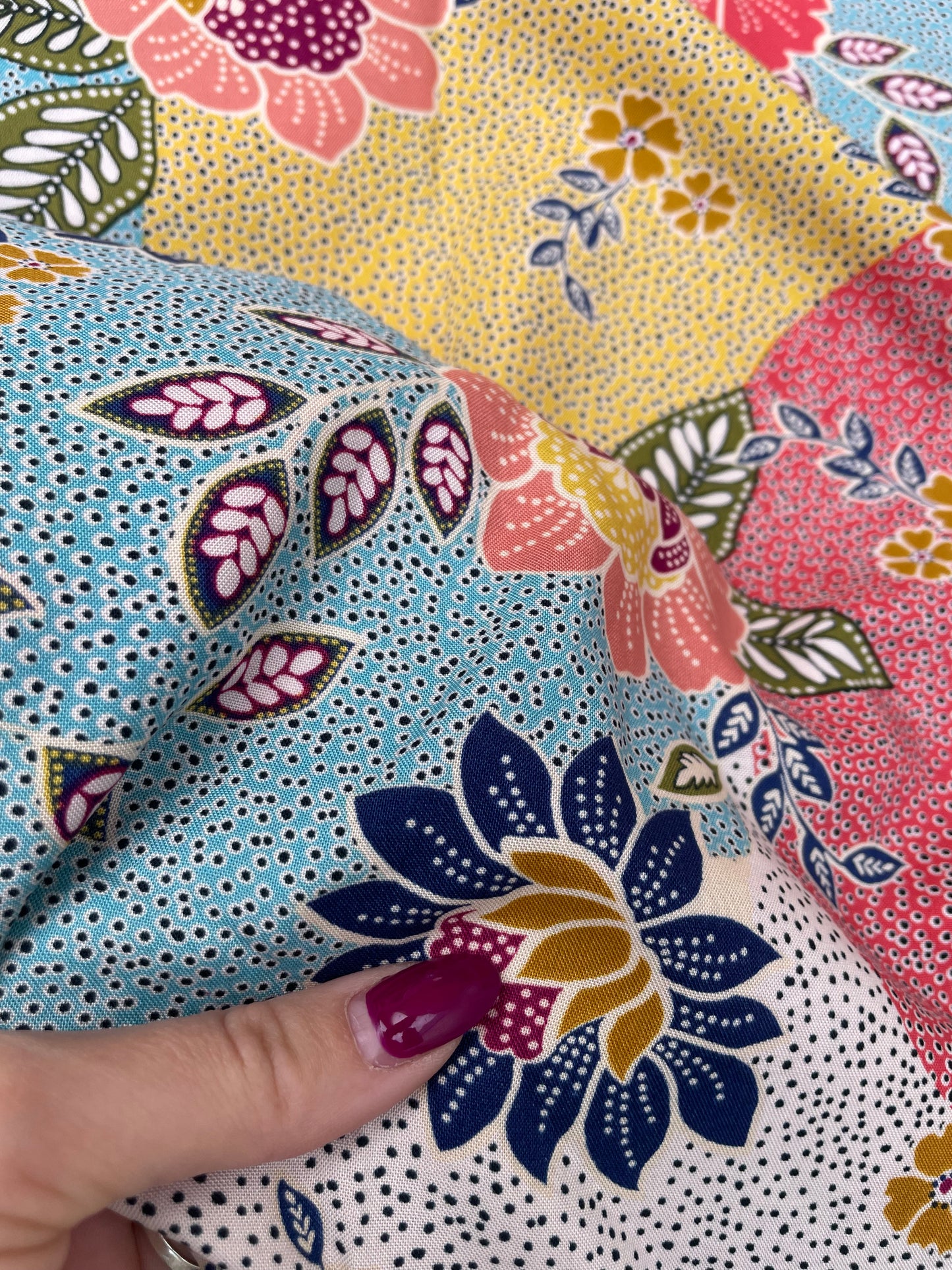 Olive Yellow Pink Blue Boho Floral Paisley Print Soft Rayon Crepe "Summer in Austin"