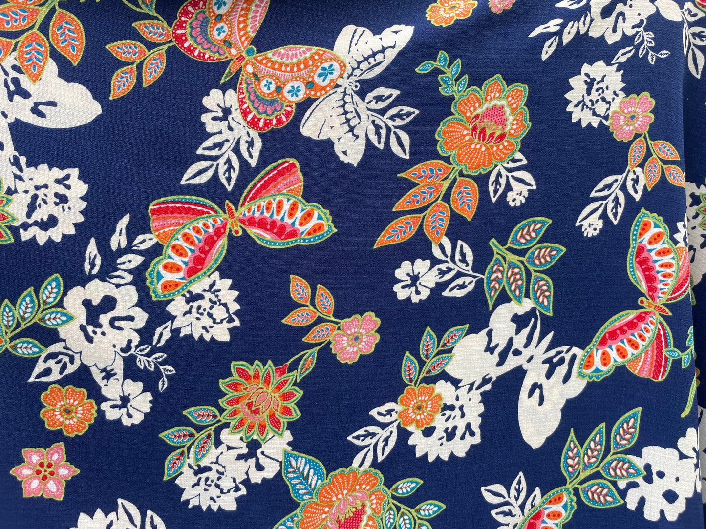 Blue Orange Yellow Lime Butterfly Floral Print Polyester Crepe "Summer of 69' "