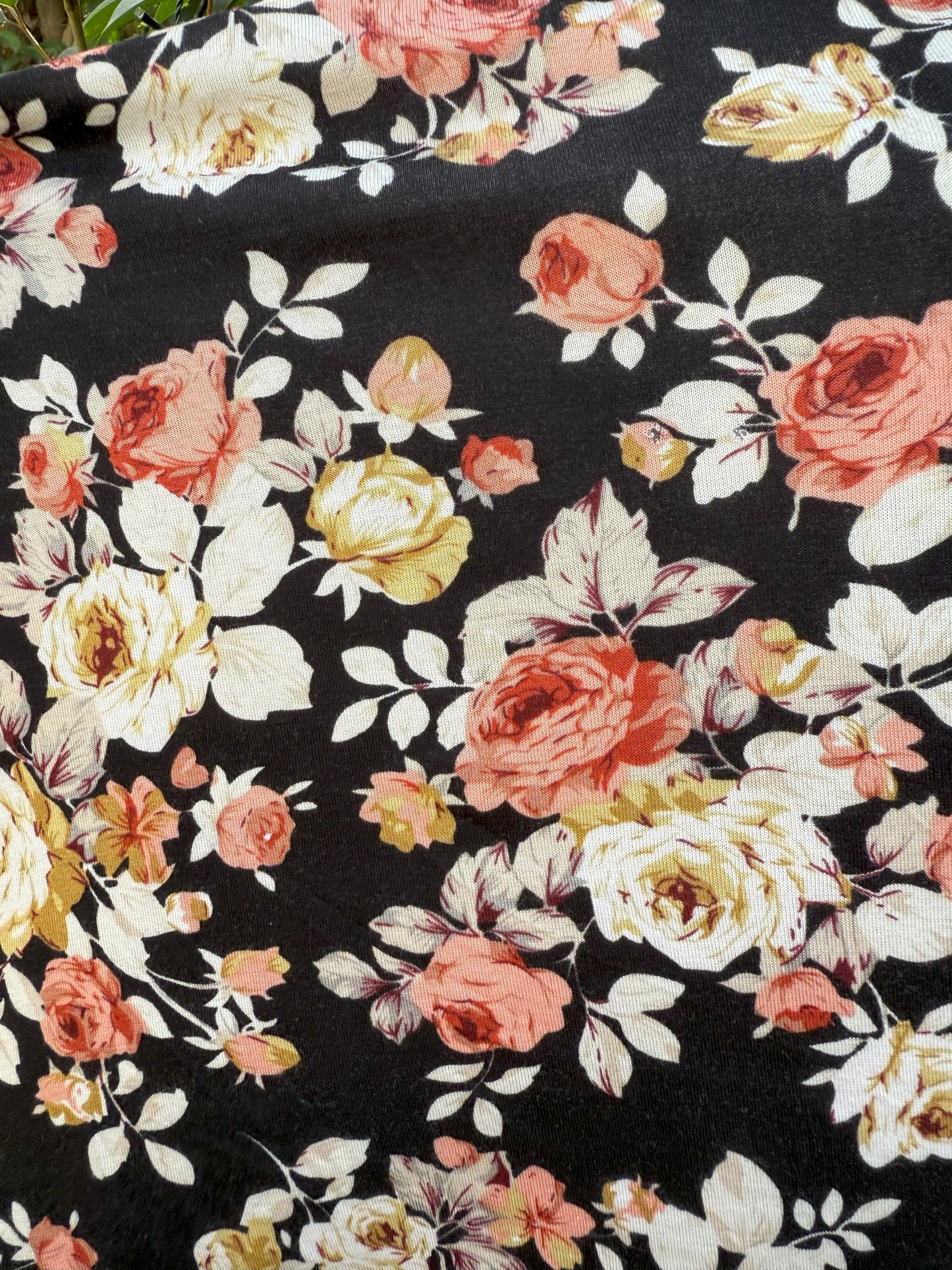 White Pink Black Tan Floral Print Rayon Spandex Jersey Knit "Rose Impressions"