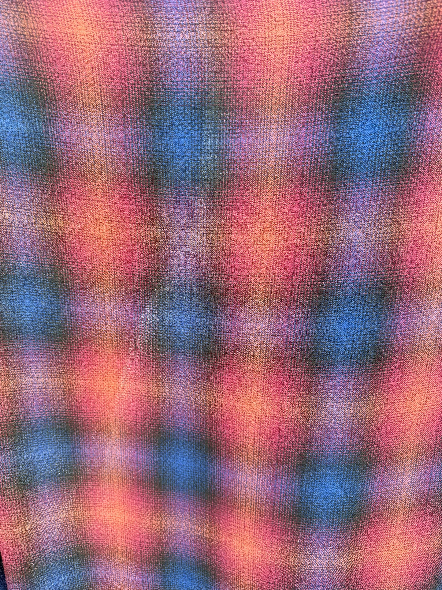 Pink Yellow Blue Black Purple Orange Faded Plaid Textured Rayon Crepe Woven "Bleary Sunset"