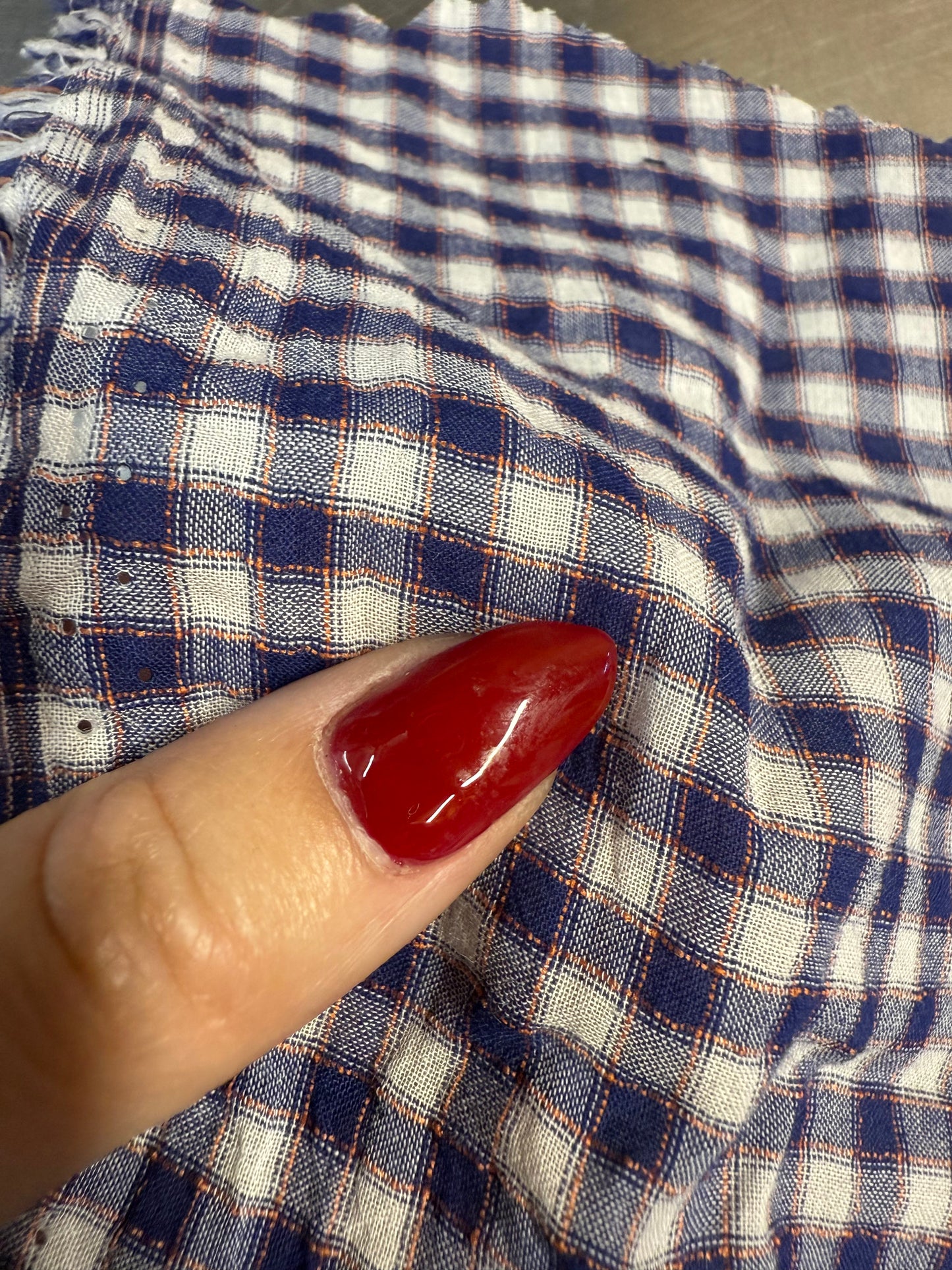 Blue White Orange Ditsy Gingham Sheer Cotton Voile "Potato Farm"
