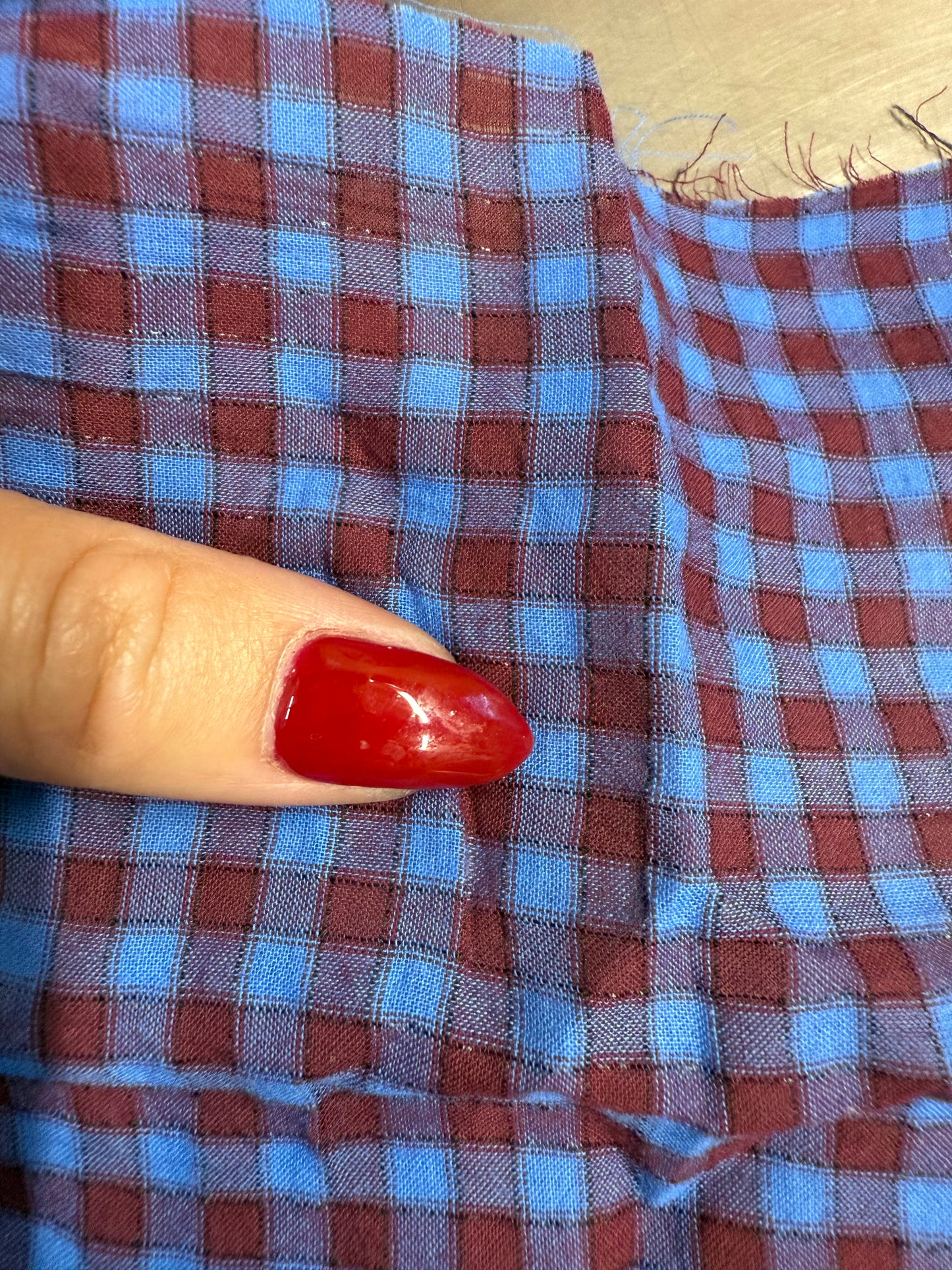 Rust Red Blue Checker Gingham Plaid Sheer Cotton Voile "Berry Farm"