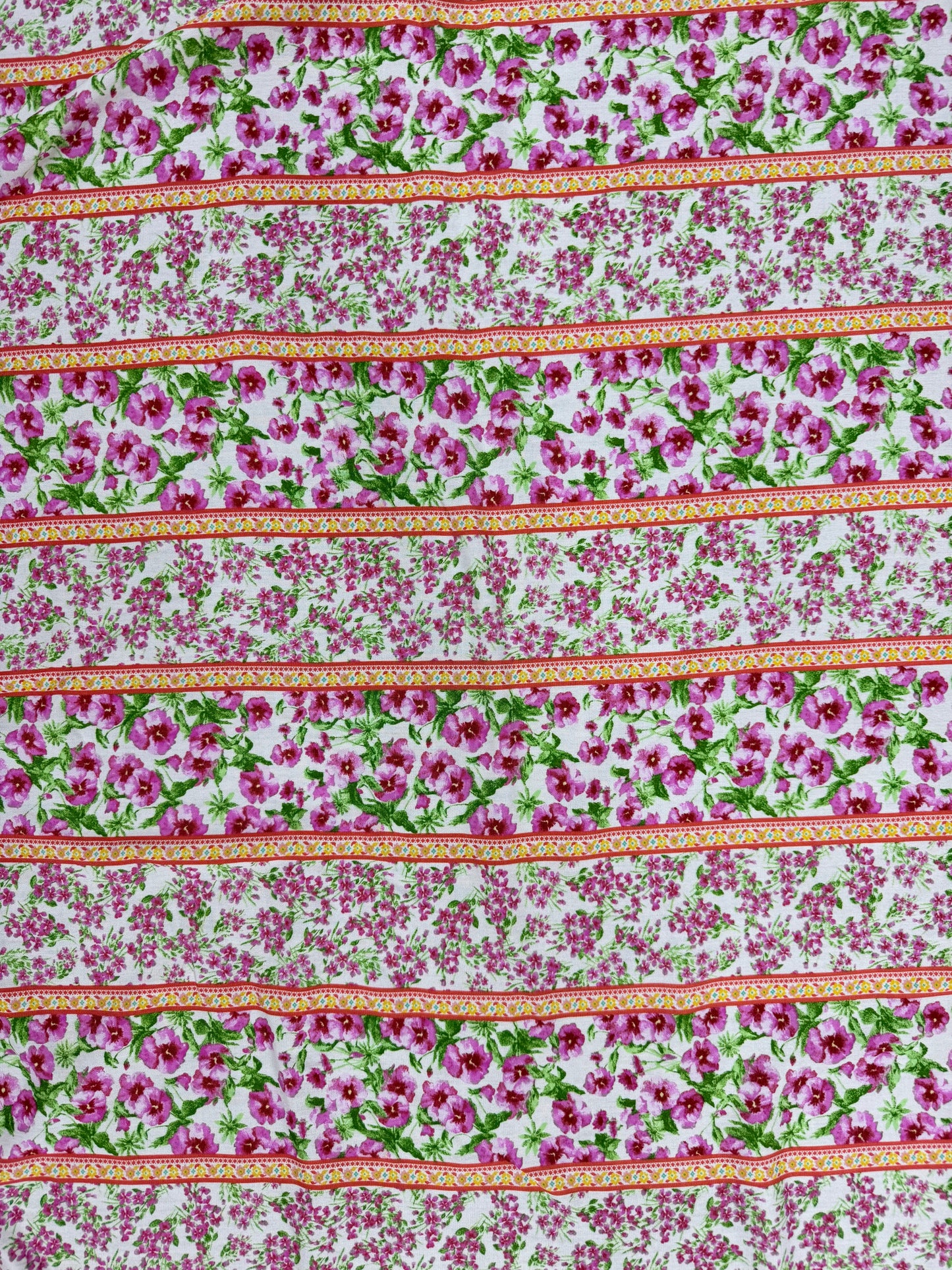Orange Pink Green Yellow Floral Stripe Rayon Challis Woven "Petunia Spring"