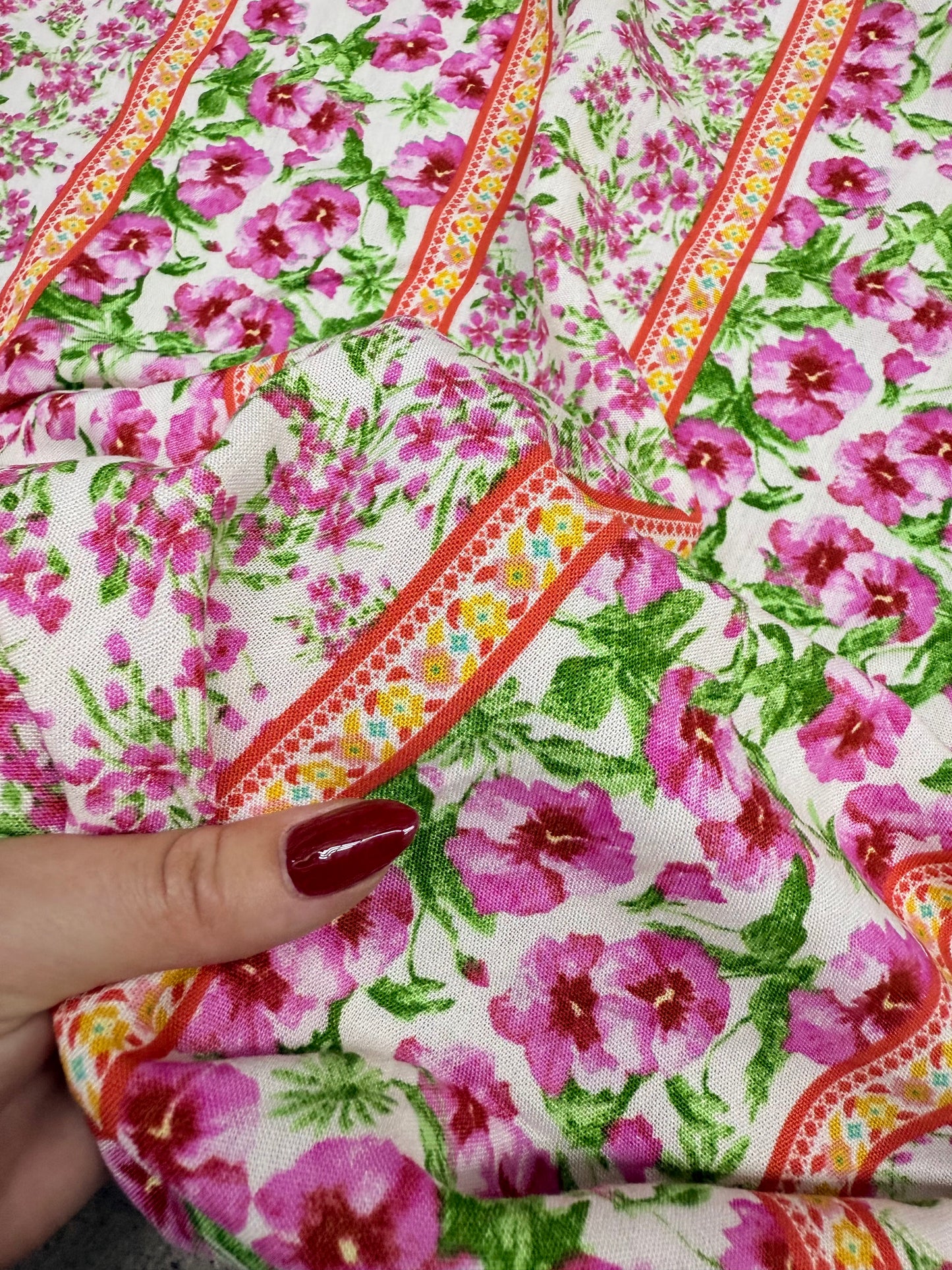 Orange Pink Green Yellow Floral Stripe Rayon Challis Woven "Petunia Spring"