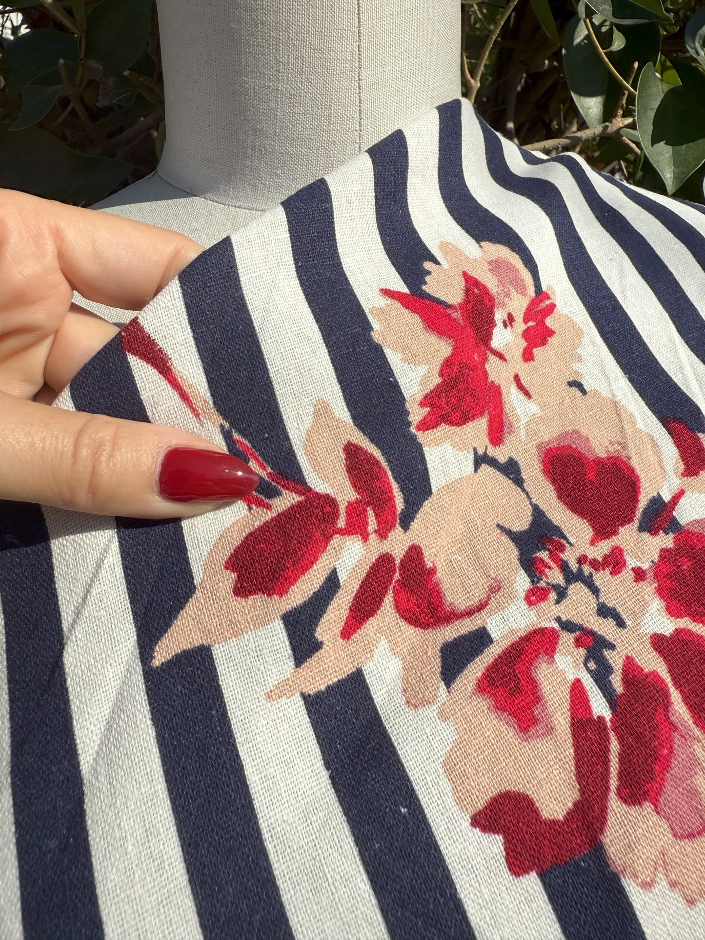 Navy White Stripe Pink Tropical Floral Print Cotton Linen Fabric "Hampton Day Trip"