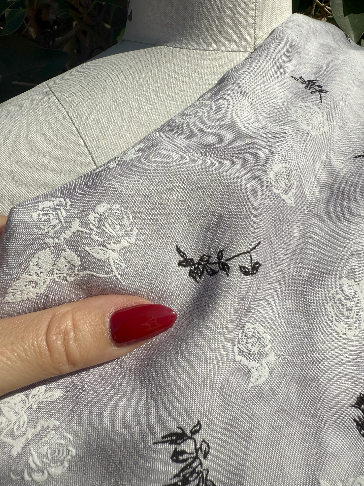 Grey White Black Floral Tie-dye Rayon Challis Woven "Nightbloom Spell"