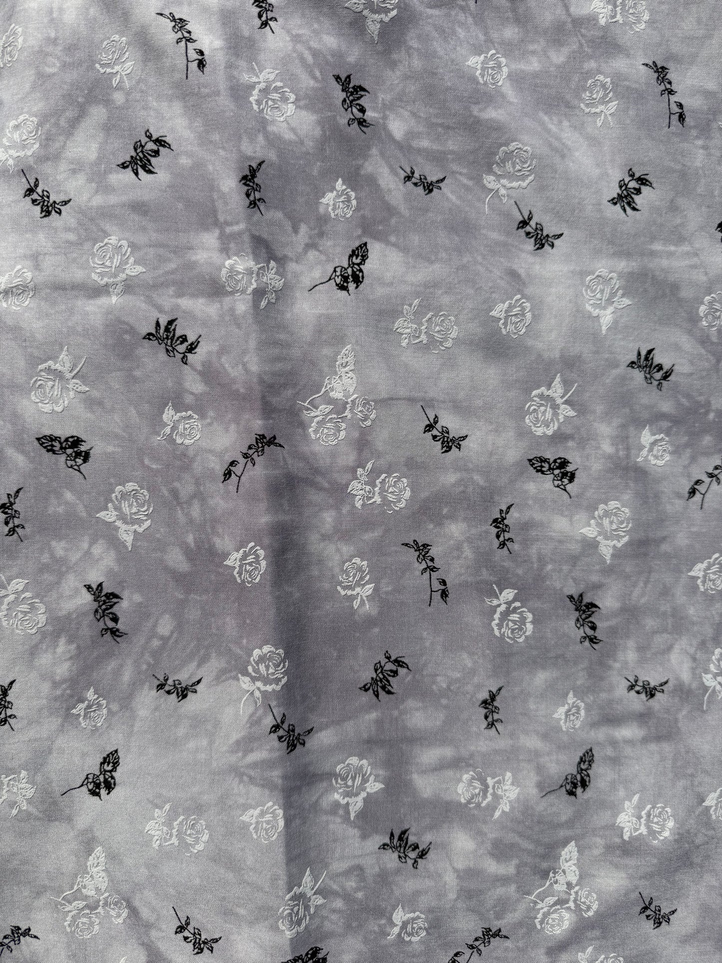Grey White Black Floral Tie-dye Rayon Challis Woven "Nightbloom Spell"