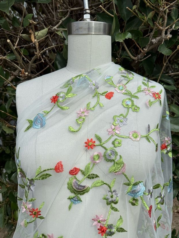Blue Red Pink Green Floral Overlay Embroidered Lace Mesh "Blooming Vine"