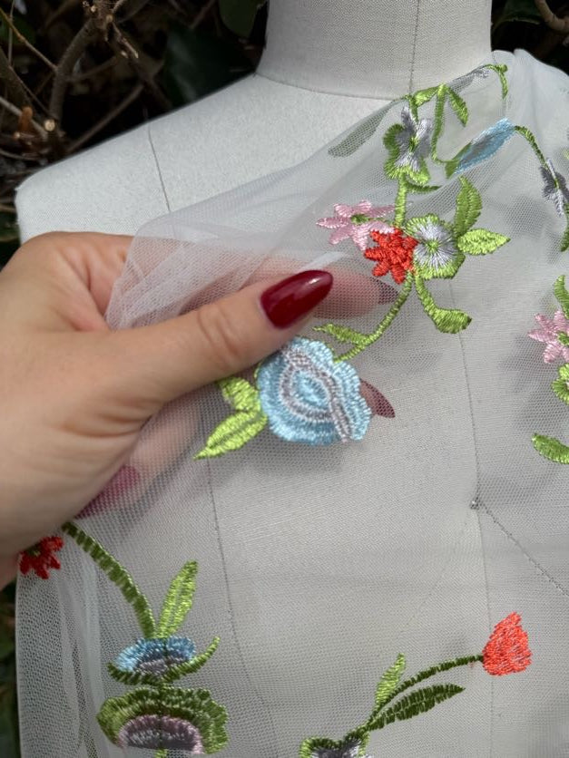 Blue Red Pink Green Floral Overlay Embroidered Lace Mesh "Blooming Vine"