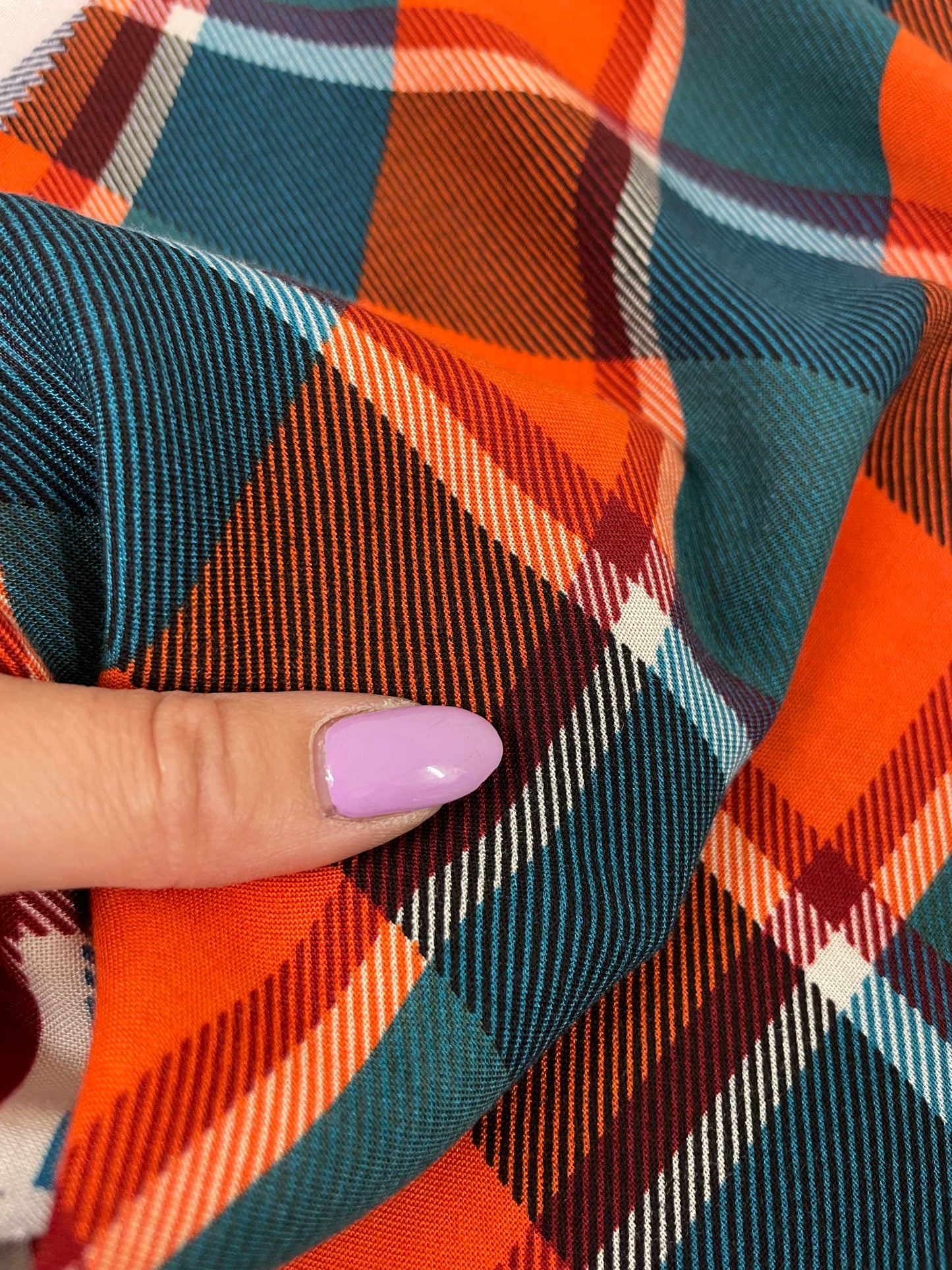 Orange Teal Plaid Rayon Challis Woven “Heather in the Meadow"