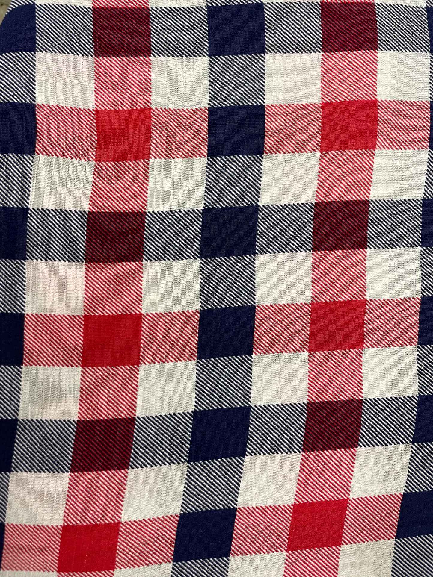 Navy Blue Red White Plaid Soft Rayon Crepe "Rodeo Picnic"