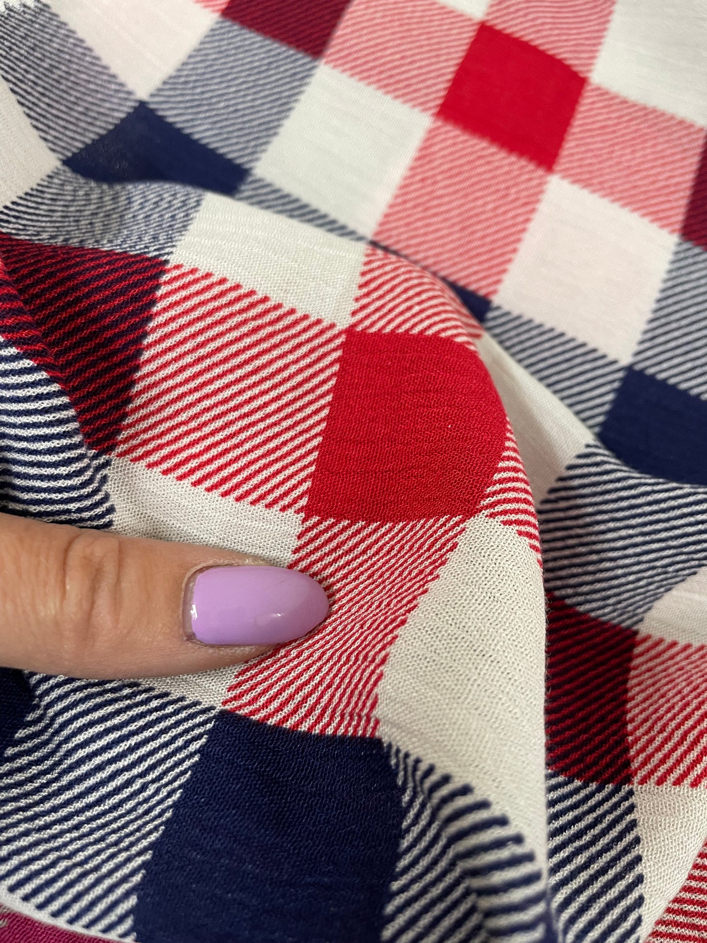Navy Blue Red White Plaid Soft Rayon Crepe "Rodeo Picnic"