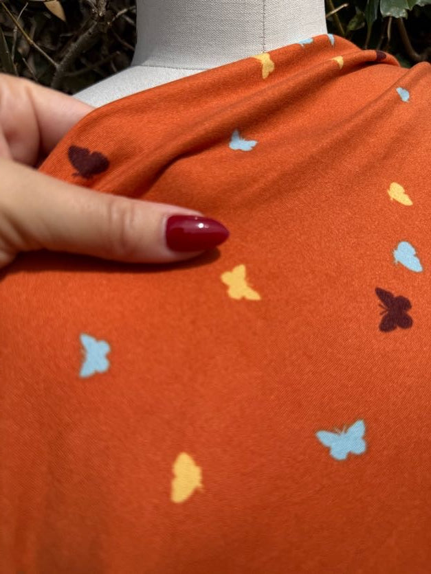 Orange Light Blue Yellow Brown Ditsy Butterfly Brushed Polyester Spandex Jersey Knit "Autumn Wings"