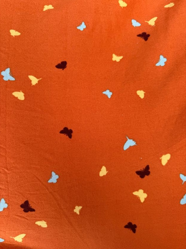 Orange Light Blue Yellow Brown Ditsy Butterfly Brushed Polyester Spandex Jersey Knit "Autumn Wings"