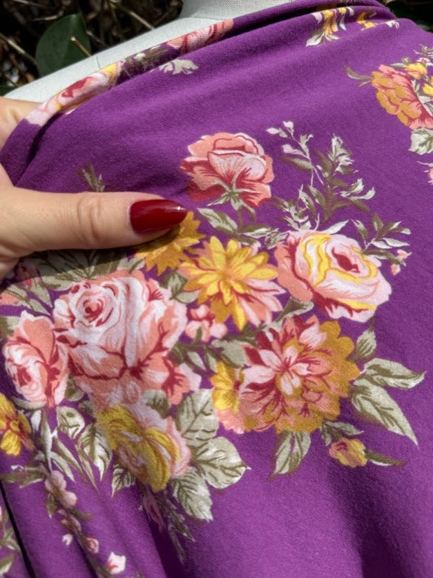 Purple Pink Green Floral Cotton Spandex Vintage Jersey "Mary's Favorite Flowers"