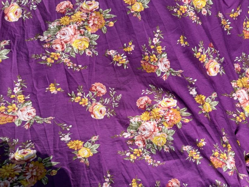 Purple Pink Green Floral Cotton Spandex Vintage Jersey "Mary's Favorite Flowers"
