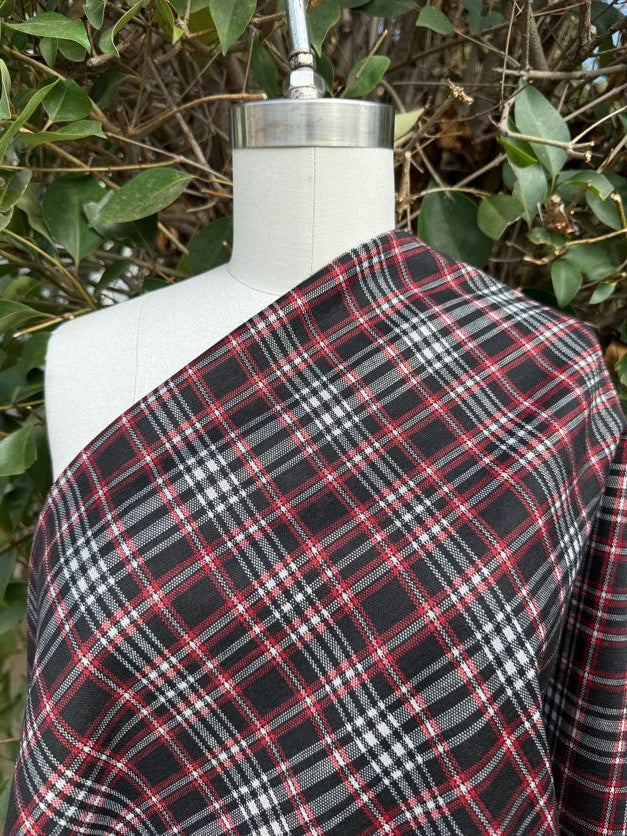 Black Red White Plaid Polyester Spandex Ponte Knit "Skater Girl"