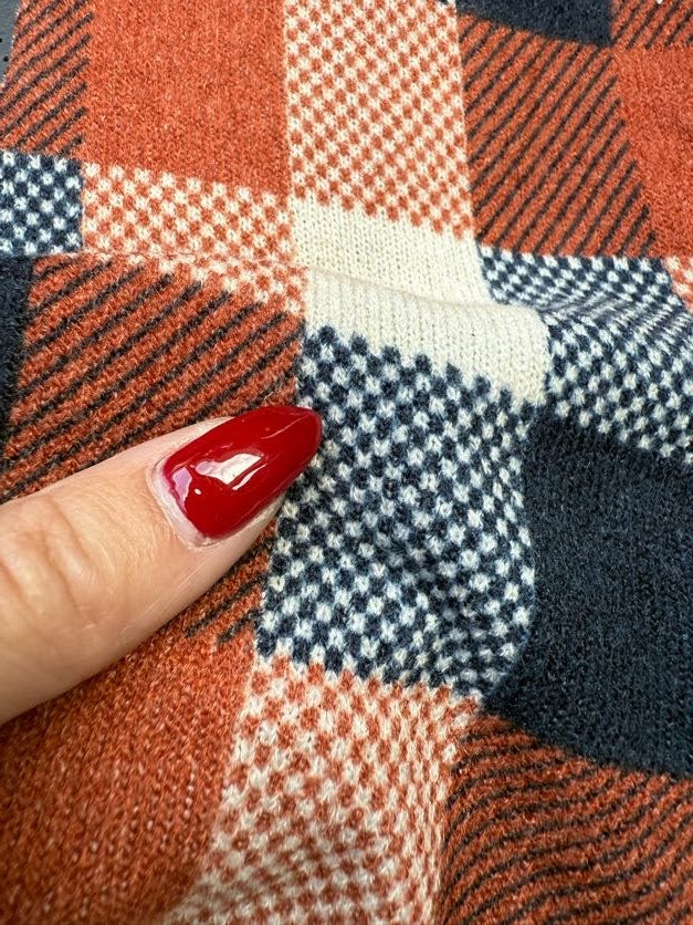 Rust Navy Ivory Plaid Hacci Sweater Knit “Copper Mine”