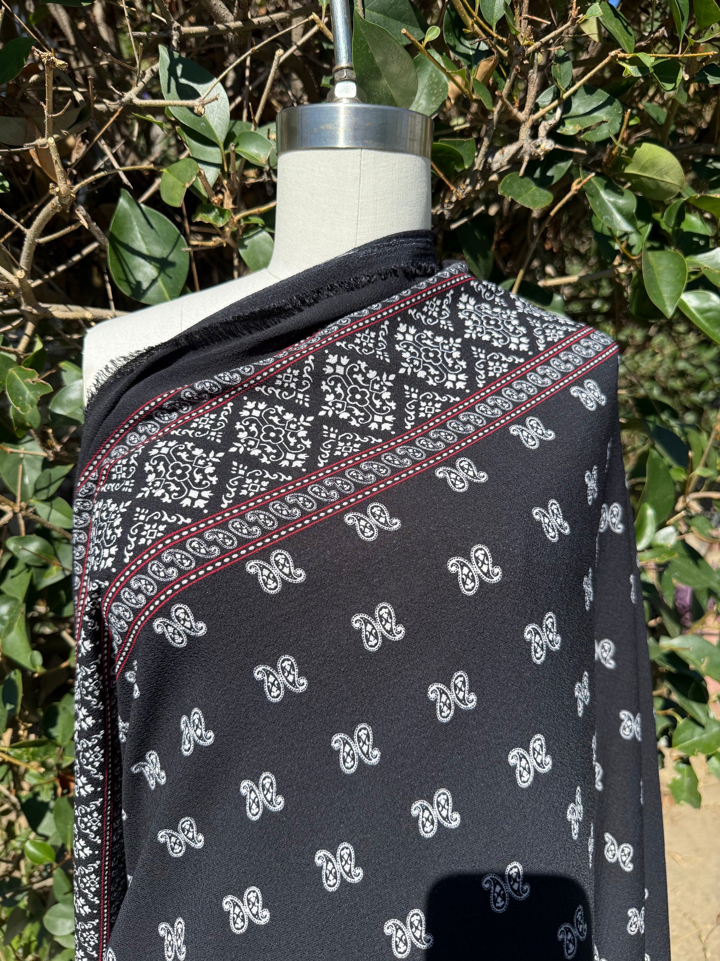 Black White Red Paisley Dot Stripe Border Polyester Crepe Woven "Midnight Rodeo"