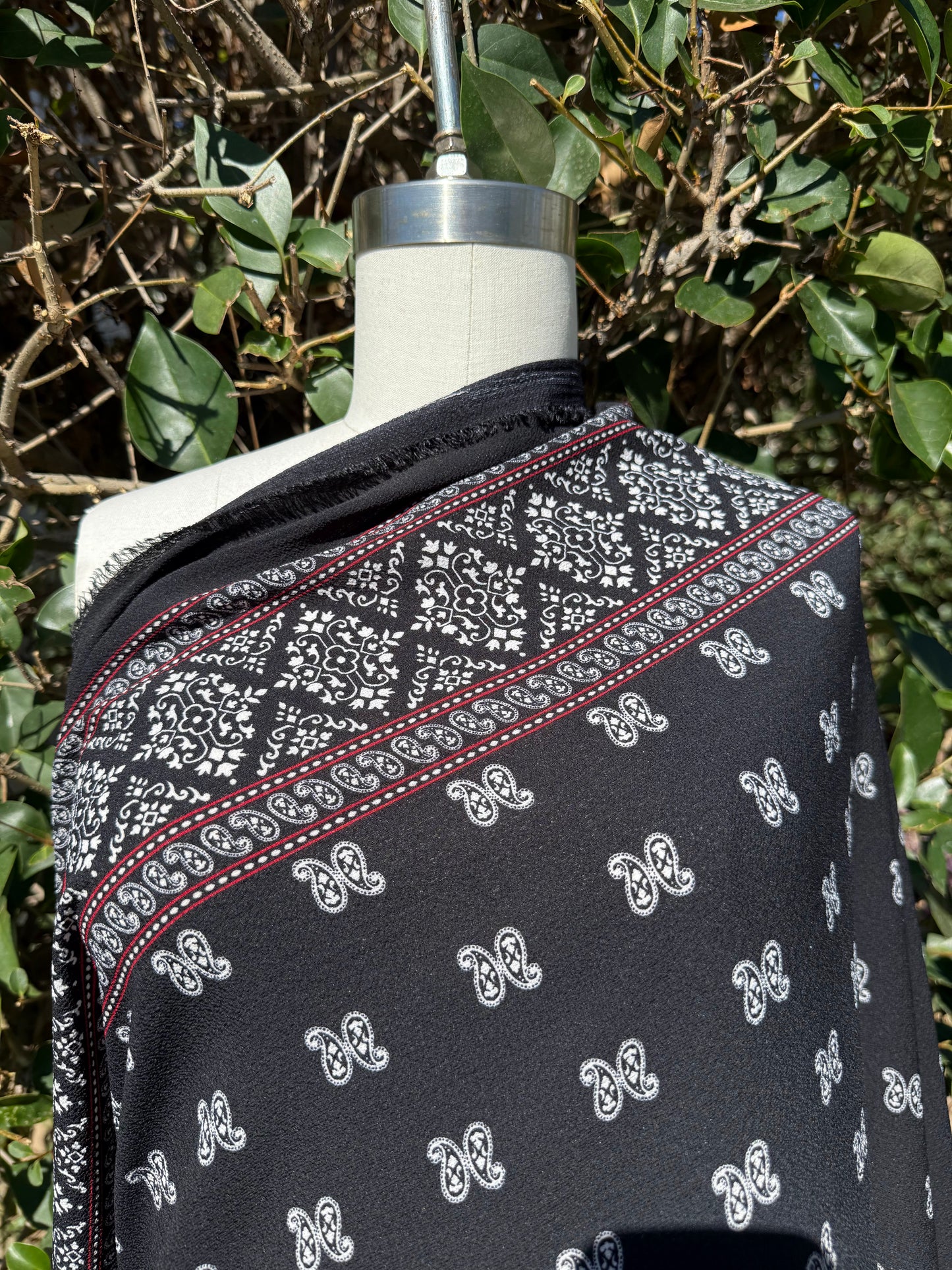 Black White Red Paisley Dot Stripe Border Polyester Crepe Woven "Midnight Rodeo"