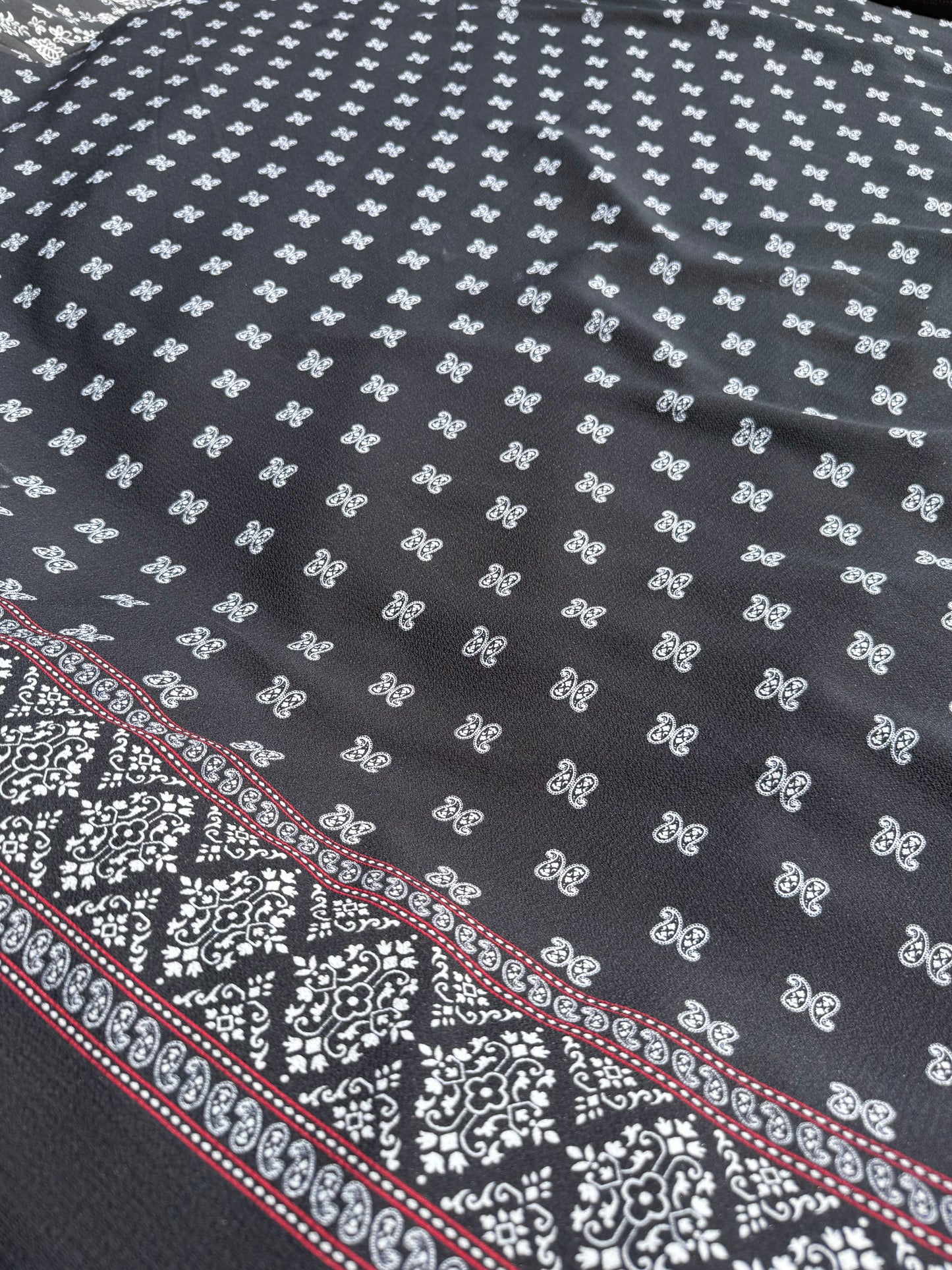 Black White Red Paisley Dot Stripe Border Polyester Crepe Woven "Midnight Rodeo"