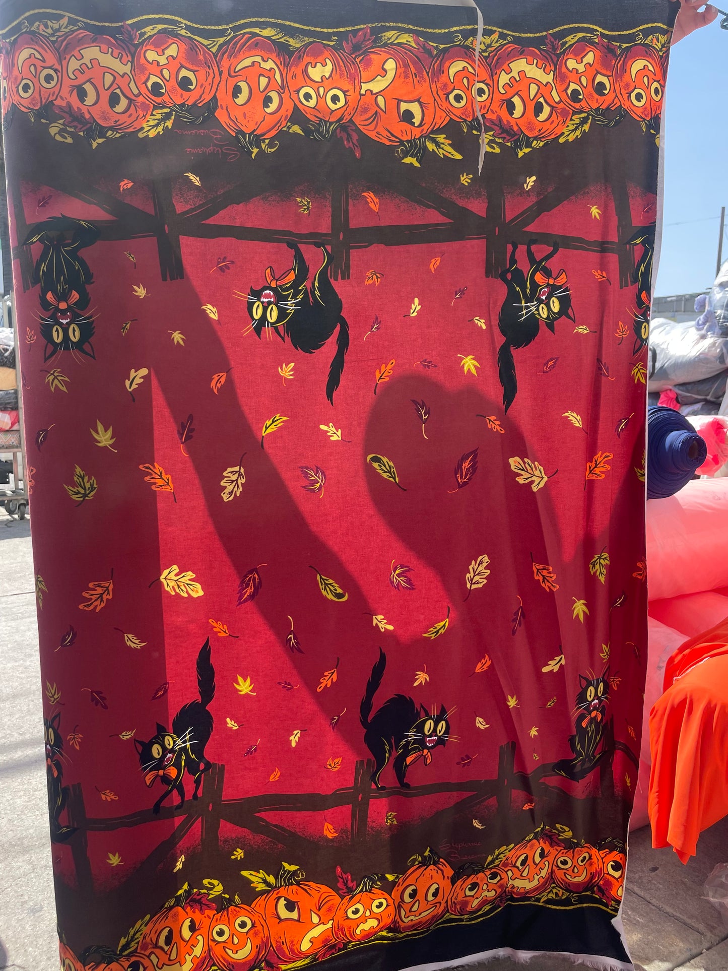 Black Cat Red Orange Pumpkin Vintage Inspired Halloween Border Cotton Sateen Print "Spooky Gato"