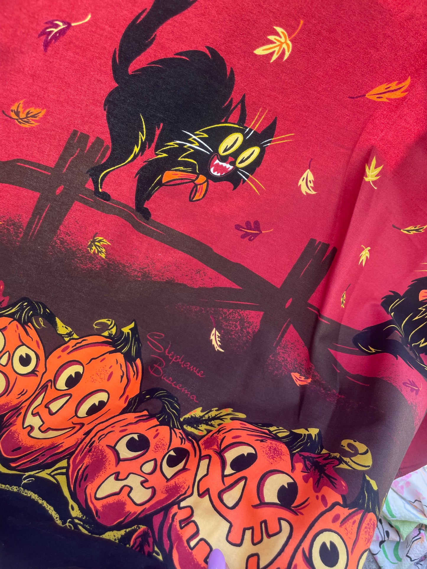 Black Cat Red Orange Pumpkin Vintage Inspired Halloween Border Cotton Sateen Print "Spooky Gato"