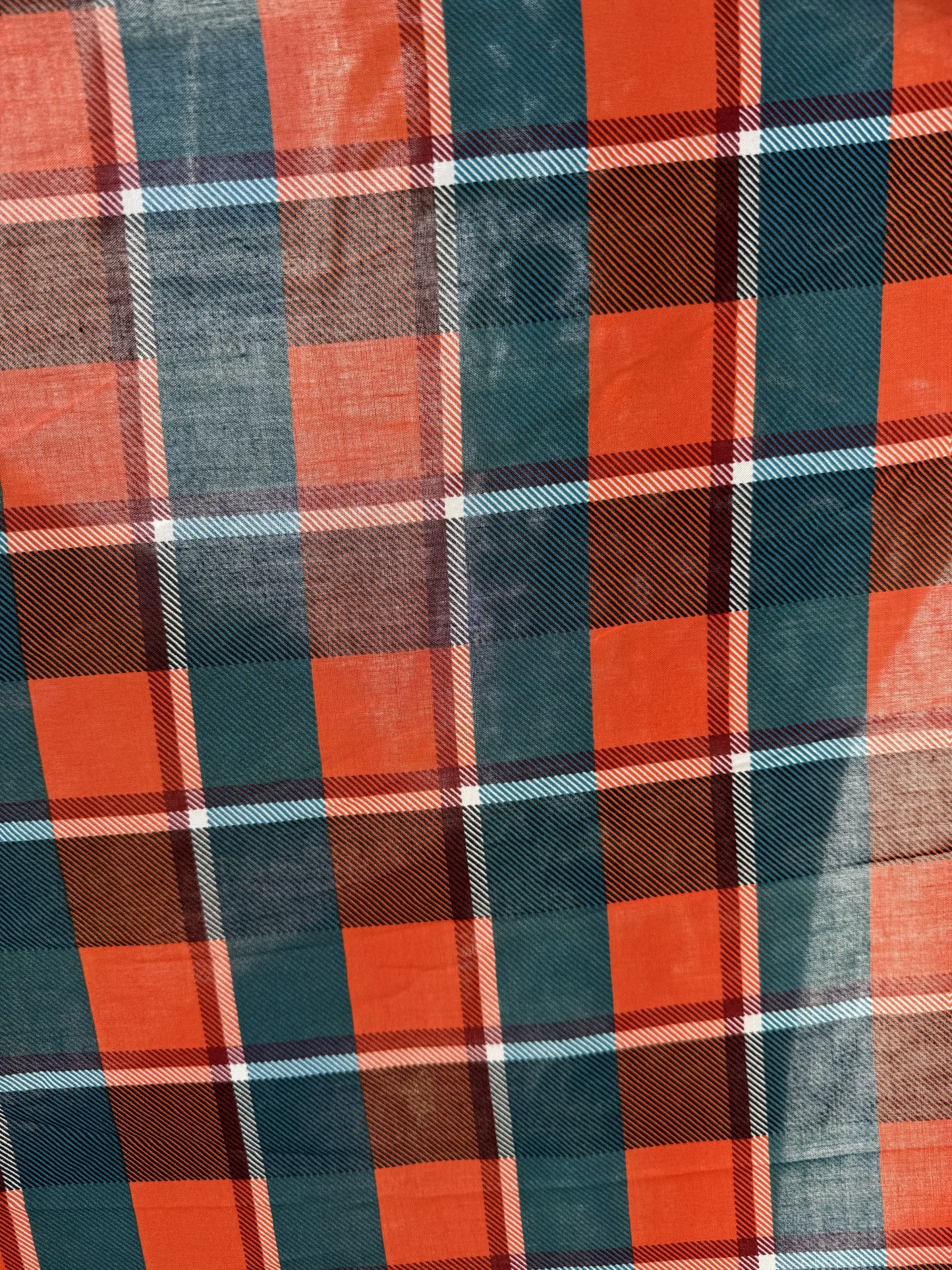 Orange Teal Plaid Rayon Challis Woven “Heather in the Meadow"