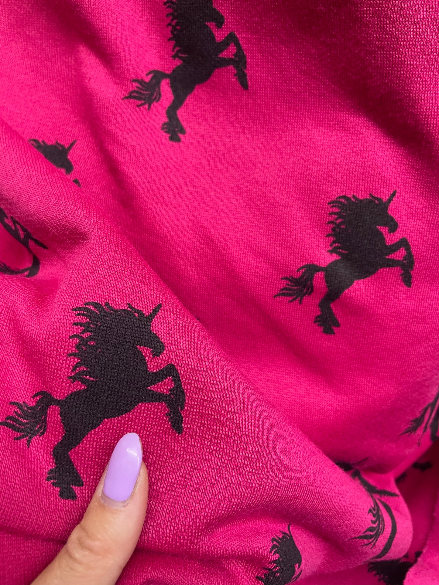 Hot Pink Black Unicorn Print Cotton Polyester Fleece "My Horn Can Pierce The Sky"