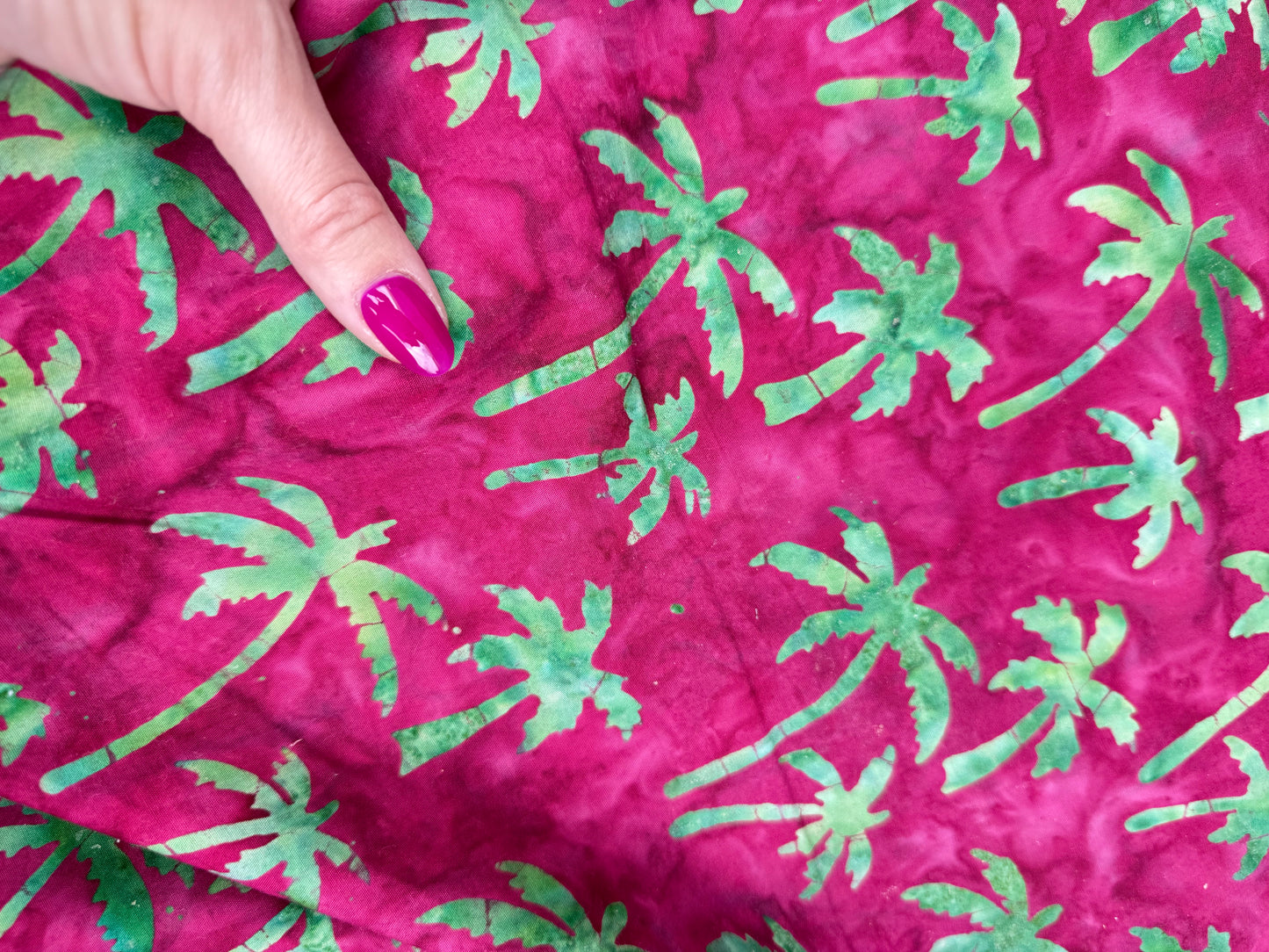 Magenta Pink Green Palm Tree Batiks Print Quilt Cotton "Queen Palm"