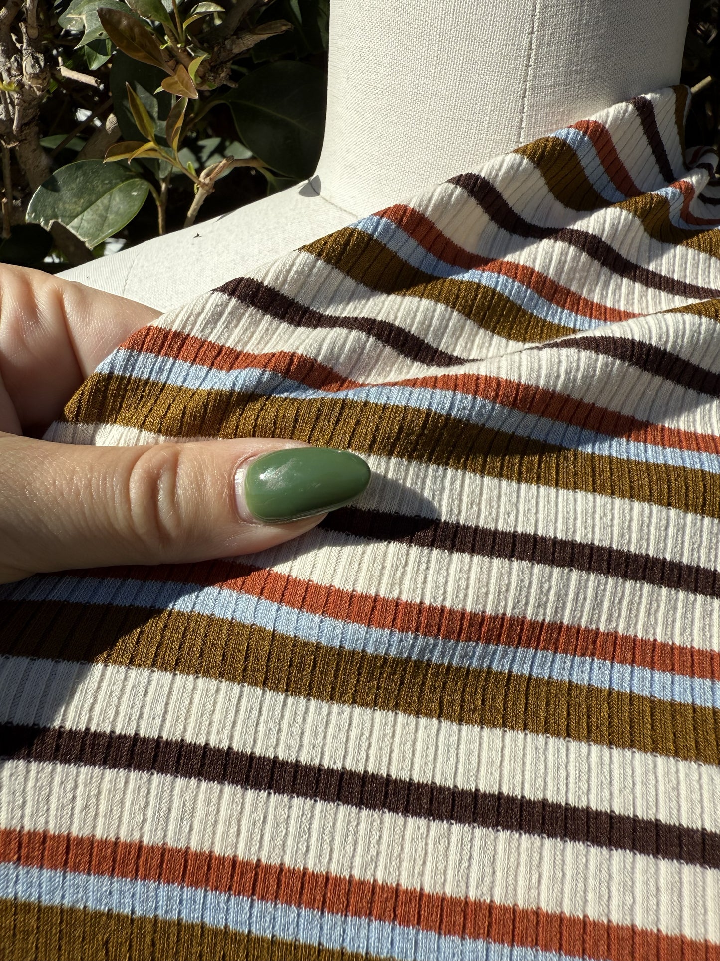Cream Mustard Blue Rust Brown Striped Cotton Spandex Rib Knit "Lost in Hawkins"