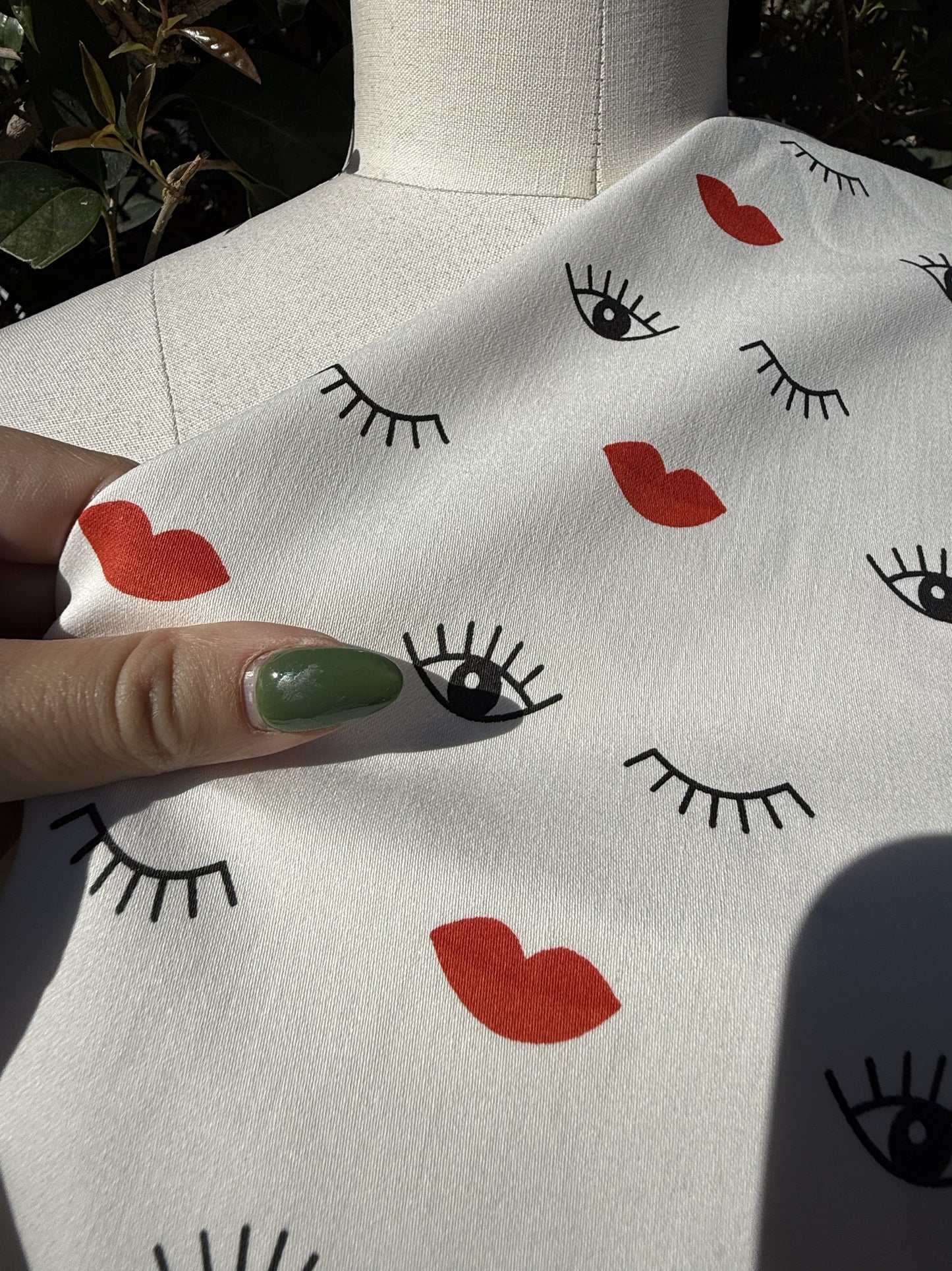 White Black Red Eye Lip Print Cotton Spandex Sateen Woven "Bedroom Eyes"