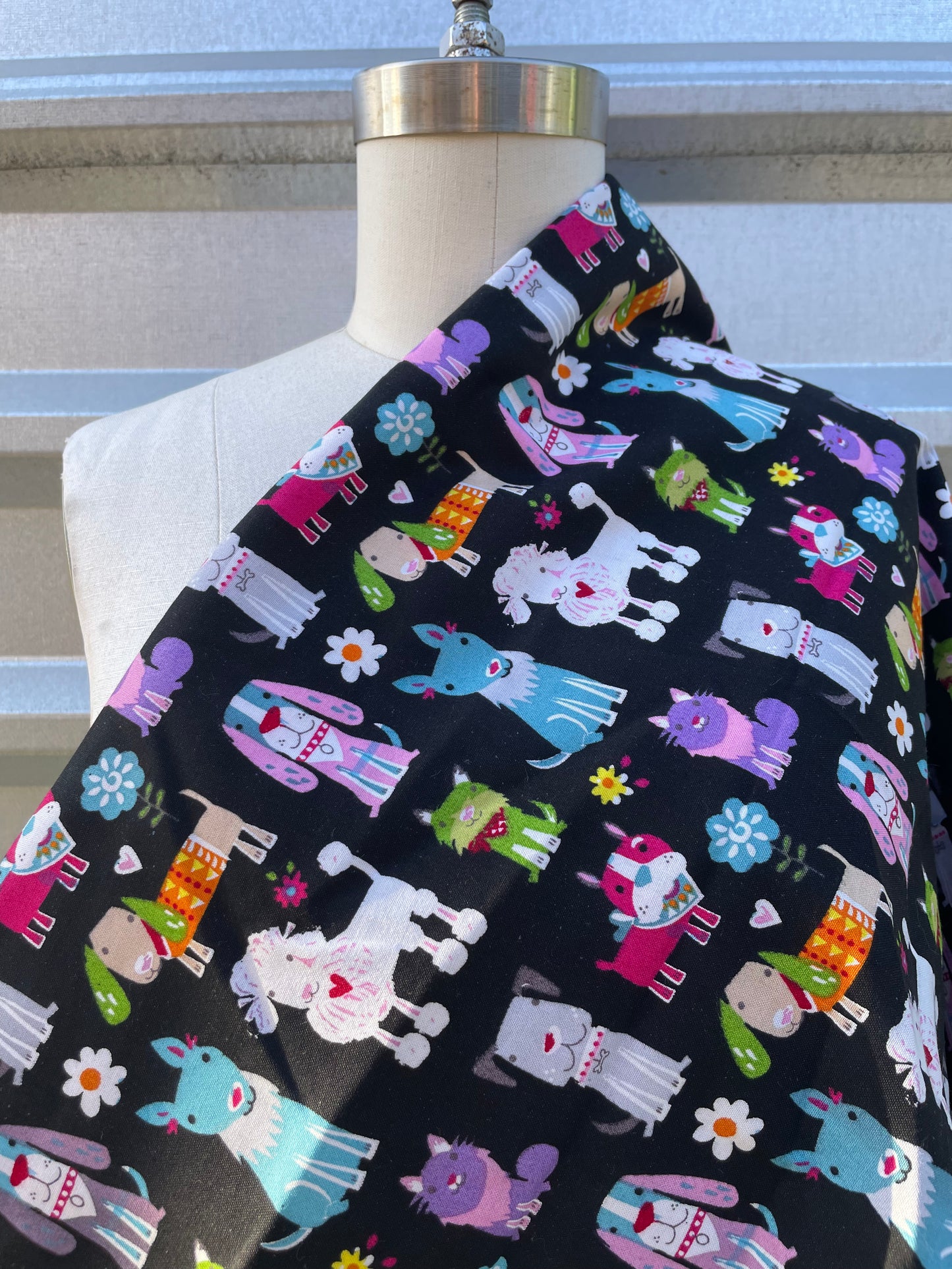 Multi Color Black Background Dog Animal Print Cotton Poplin "Puppy Pack"