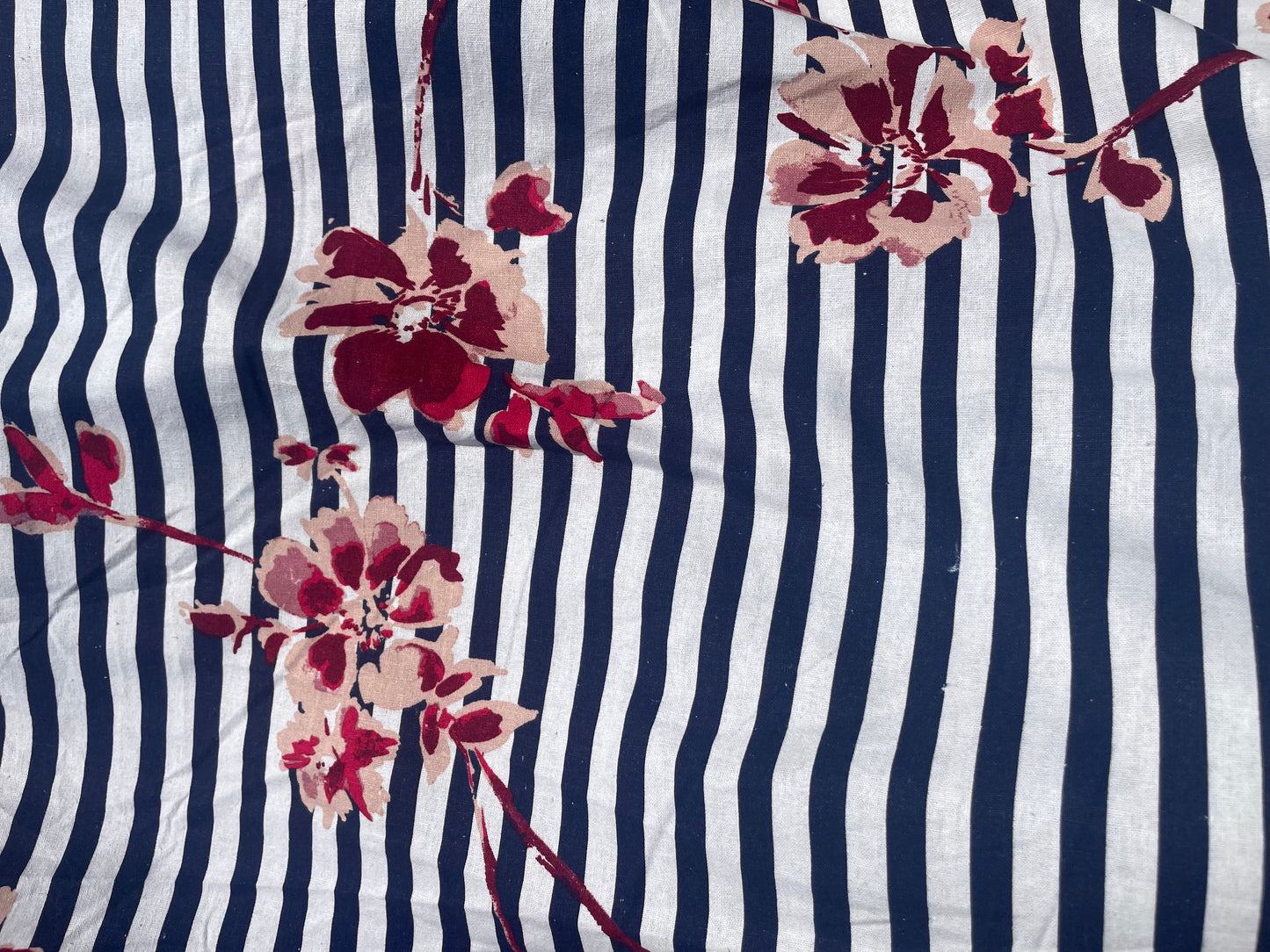 Navy White Stripe Pink Tropical Floral Print Cotton Linen Fabric "Hampton Day Trip"