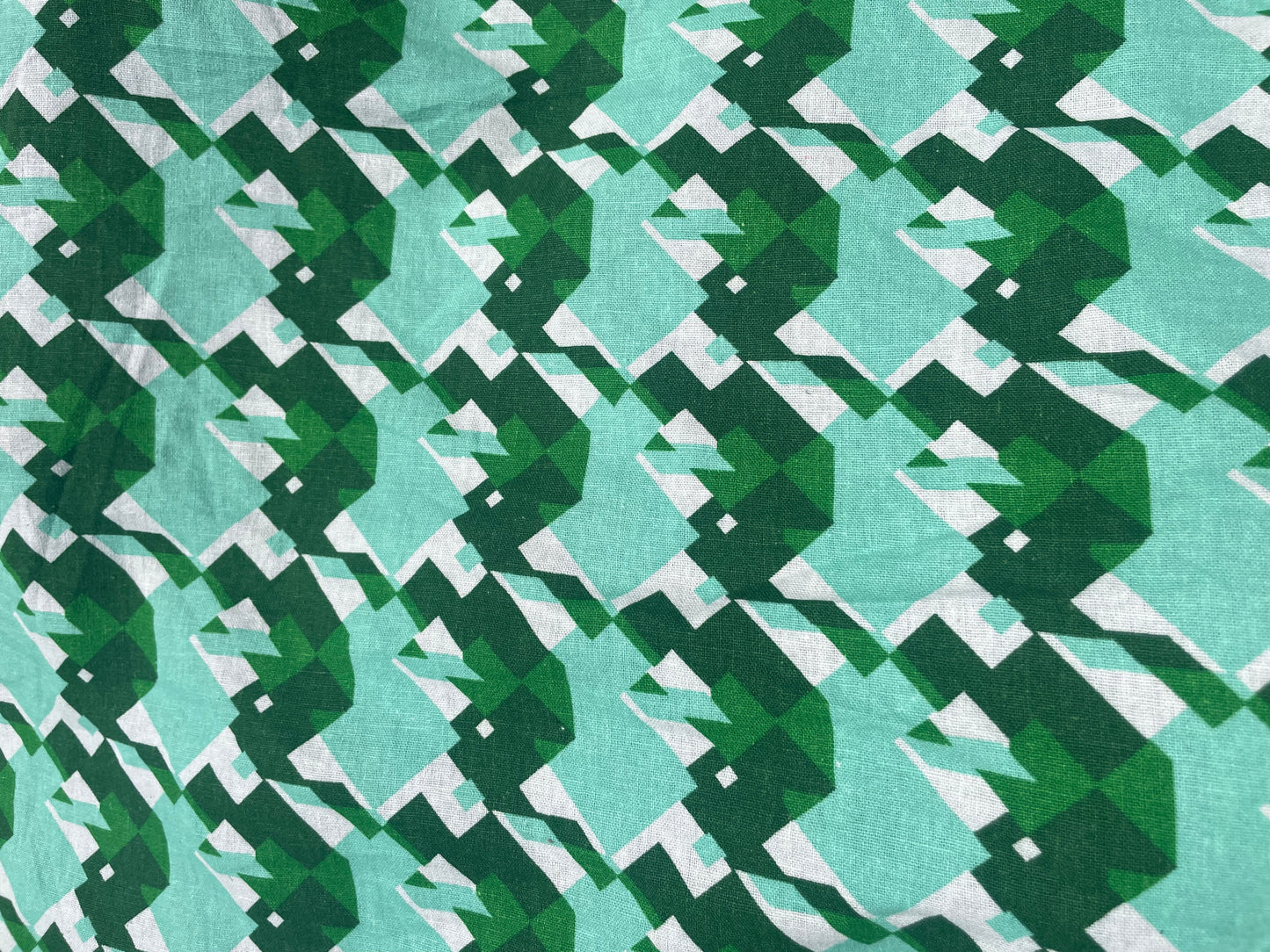 Green Mint White Geometric Print Cotton/Linen "Pixelated Forest"