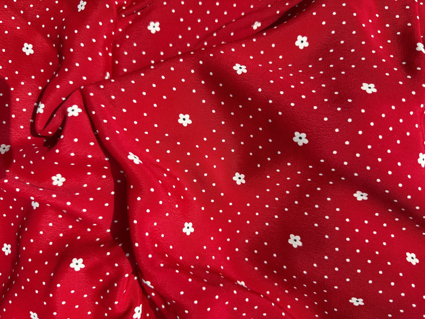 Red White Daisy Polkadot Rayon Crepe "Lazy Linda"