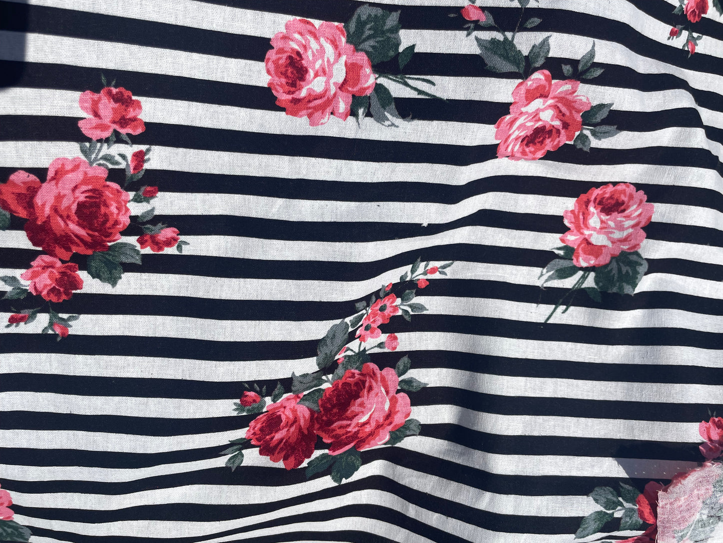 Black White Stripe Pink Rose Floral Cottage Core Cotton/ Linen "Barbie's Beach Towel"
