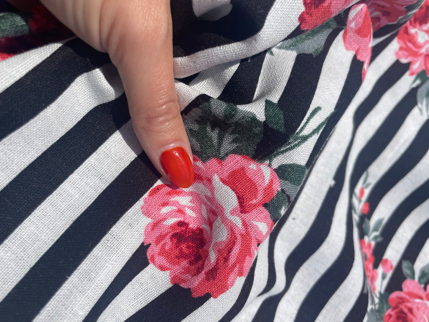 Black White Stripe Pink Rose Floral Cottage Core Cotton/ Linen "Barbie's Beach Towel"