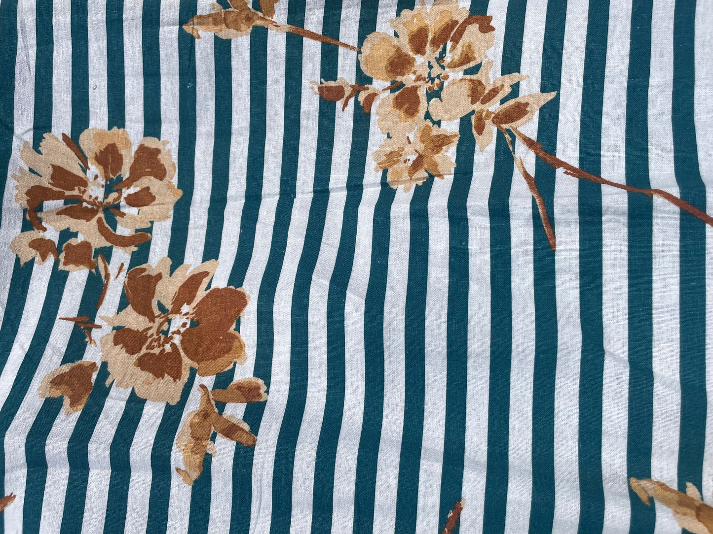 Teal White Stripe Tan Tropical Floral Print Cotton Linen Fabric "Hampton Hottie"