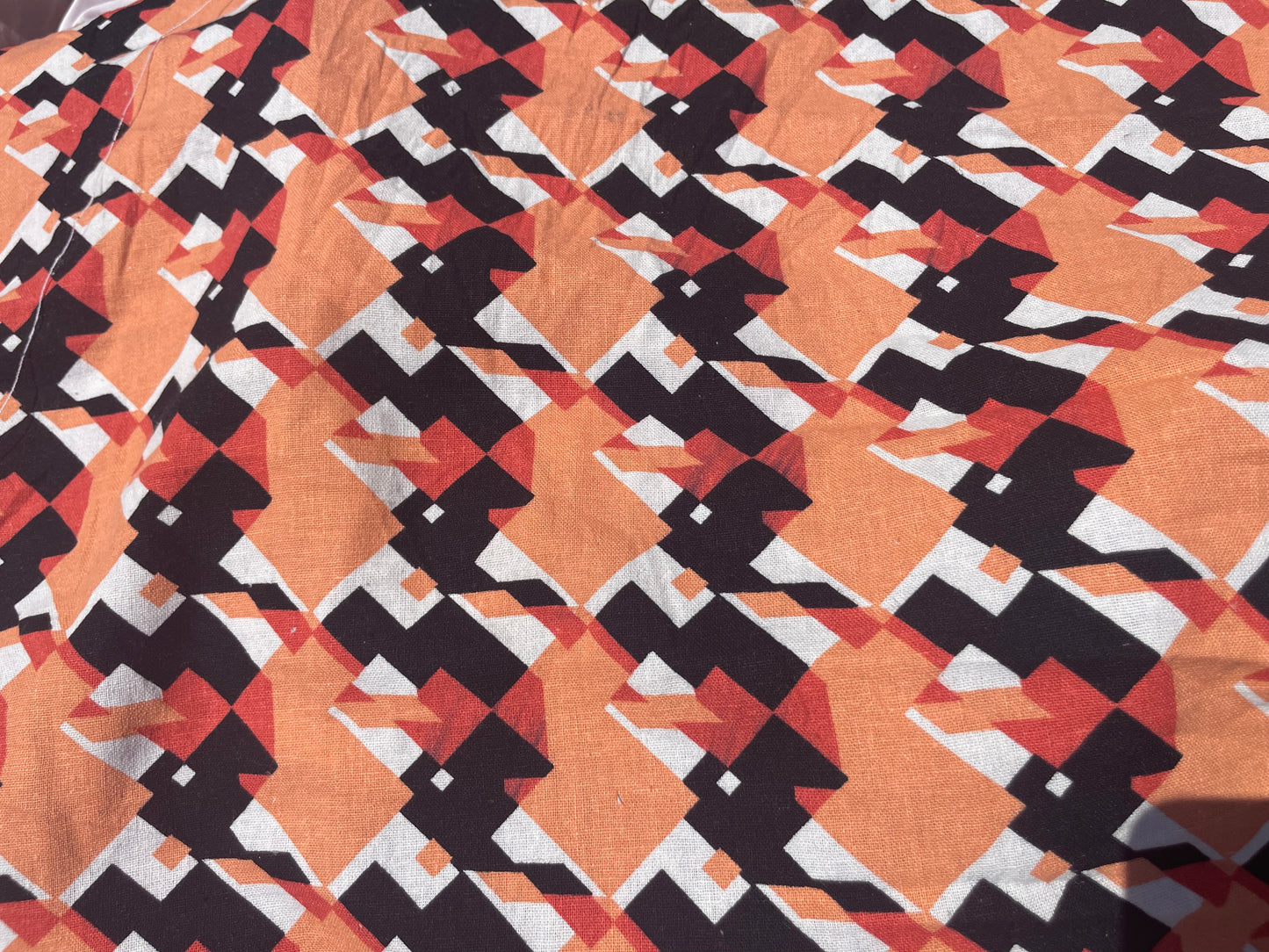 Coral Orange Peach Black Geometric Print Cotton/Linen "Minecraft Mountains"