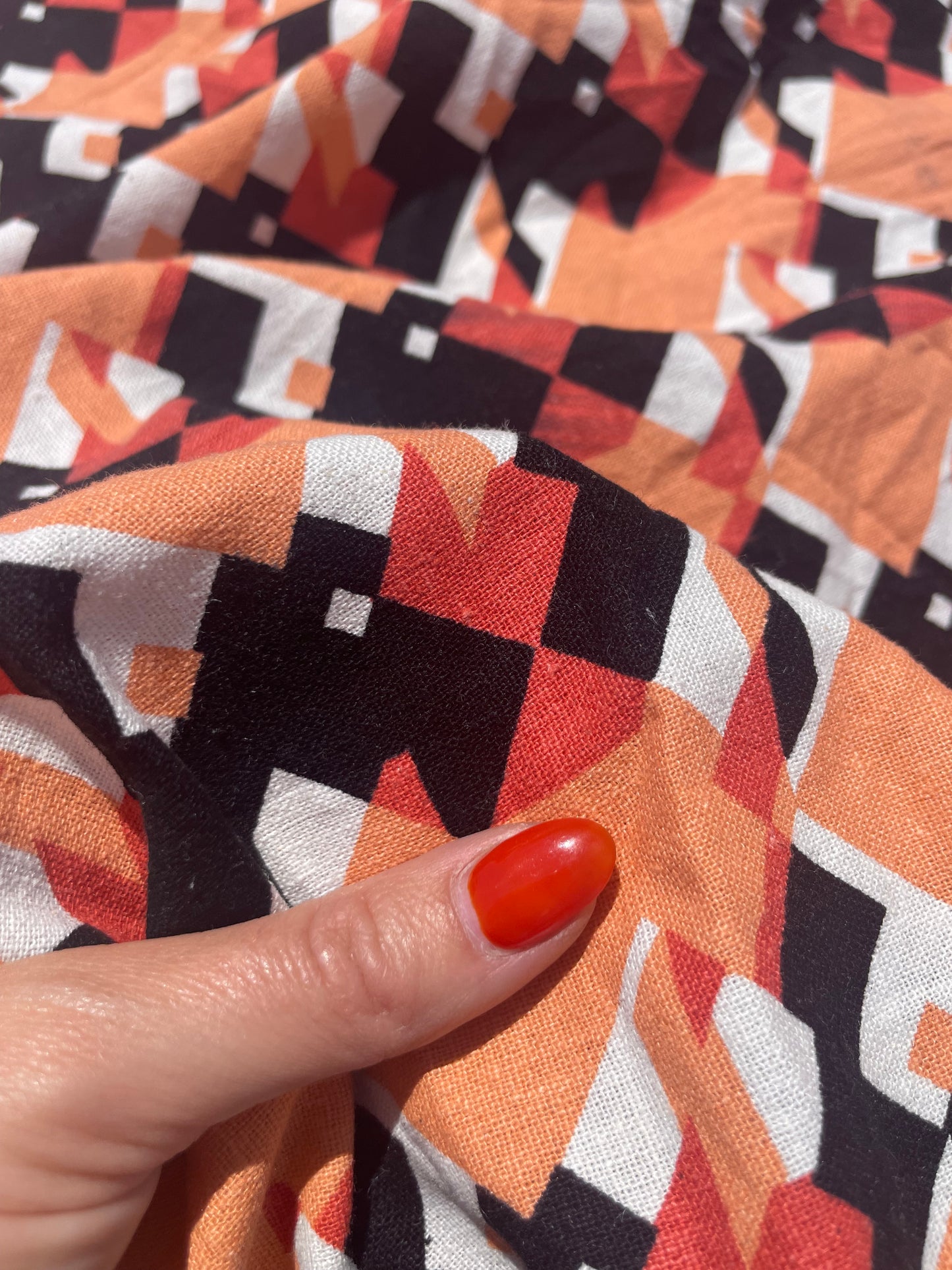 Coral Orange Peach Black Geometric Print Cotton/Linen "Minecraft Mountains"
