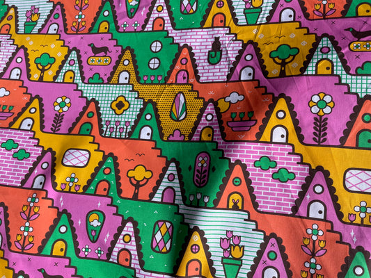 Pink Green Yellow Graphic Video Game Inspired Print Cotton Poplin "Level Up!"