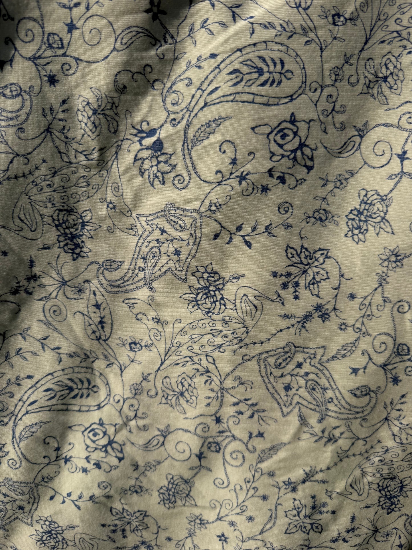 Blue White Line Art Peacock Paisley Floral Rayon Spandex "Delicate Dynasty "