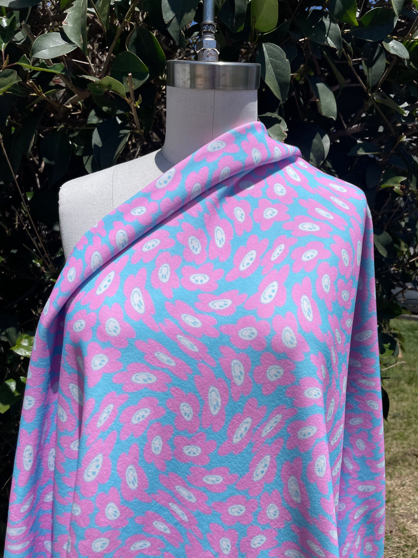 Pink Blue Smiley Face Daisy Polyester Spandex Mini Velour "Happy Daisy"
