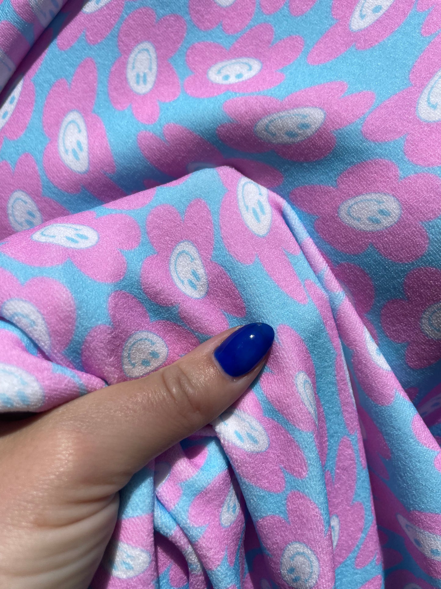 Pink Blue Smiley Face Daisy Polyester Spandex Mini Velour "Happy Daisy"