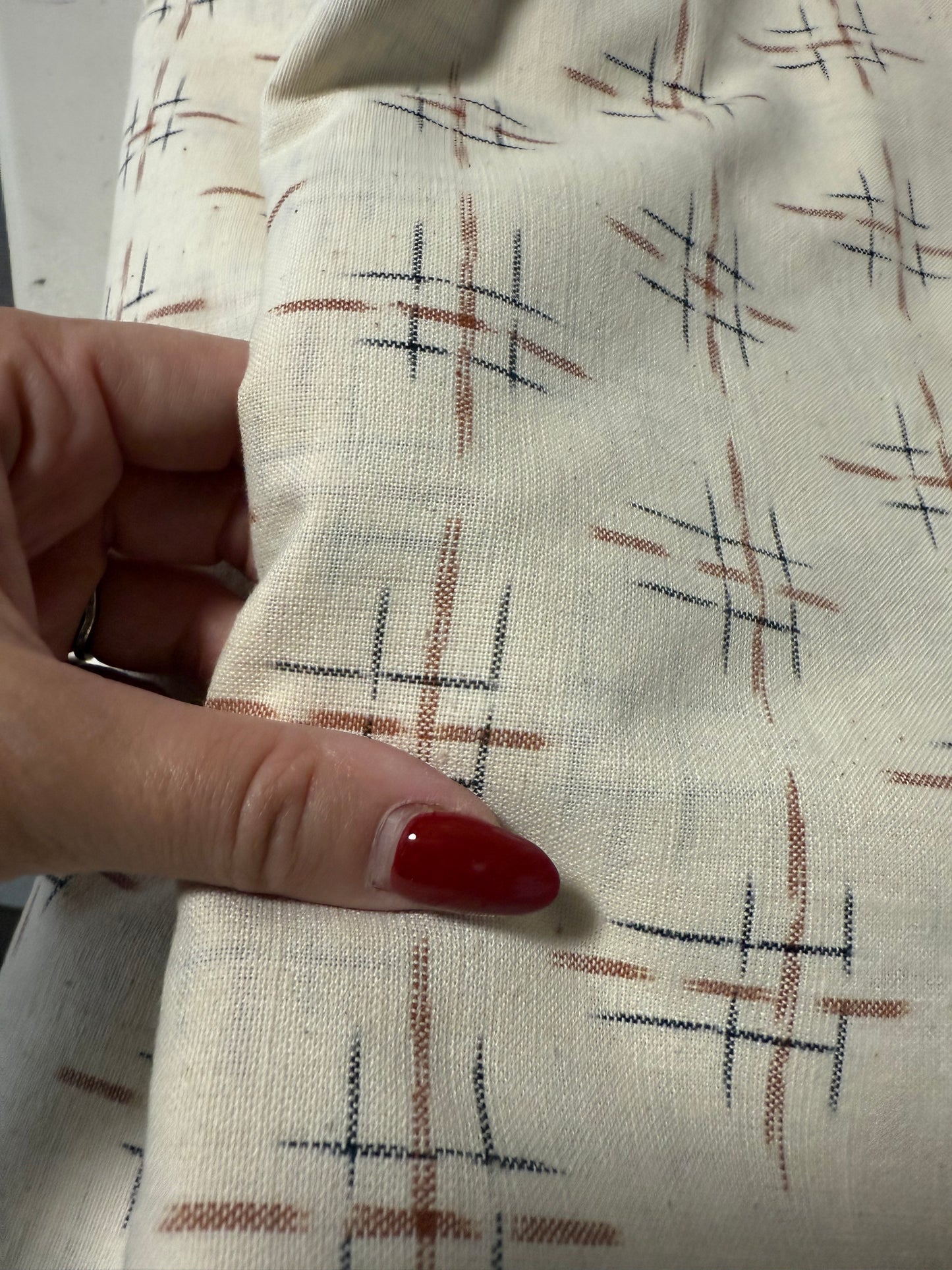 Cream Brown Ikat Crosshatch Minimalist Design Japanese Cotton Woven "Santa Fe Trail"