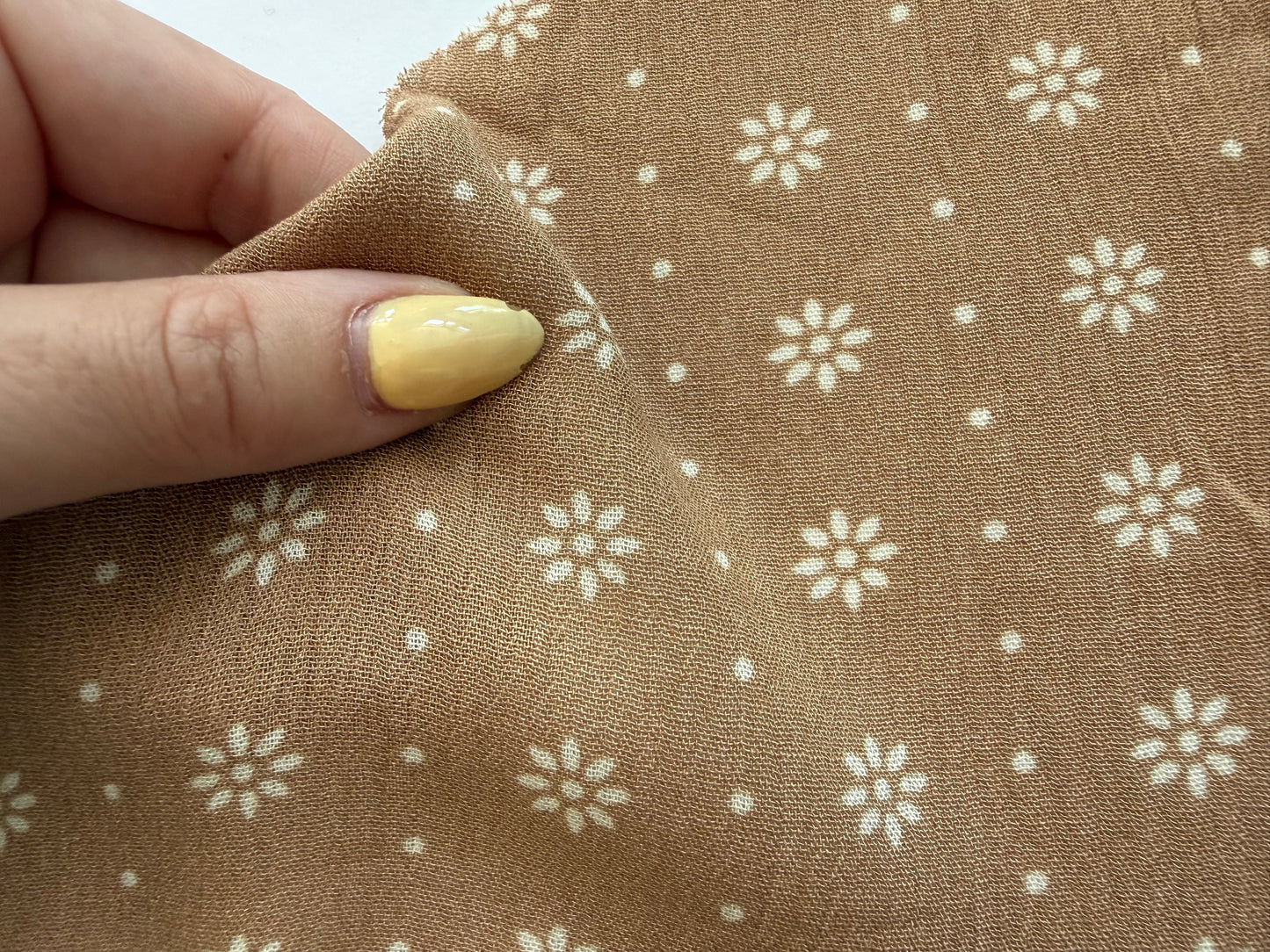 Taupe Tan White Minimal Floral Dot Print Rayon Crepe Woven "Clementine"